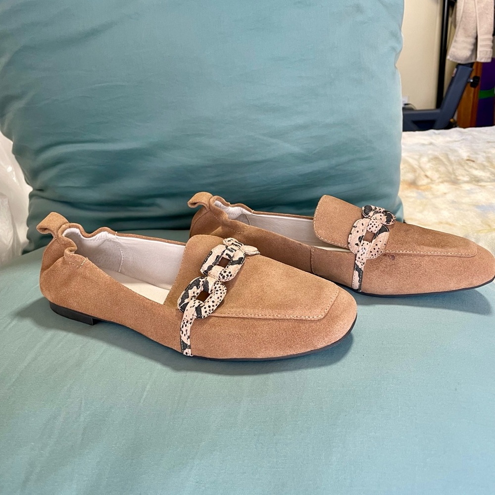 Tan Suede Loafers with Chain Detail